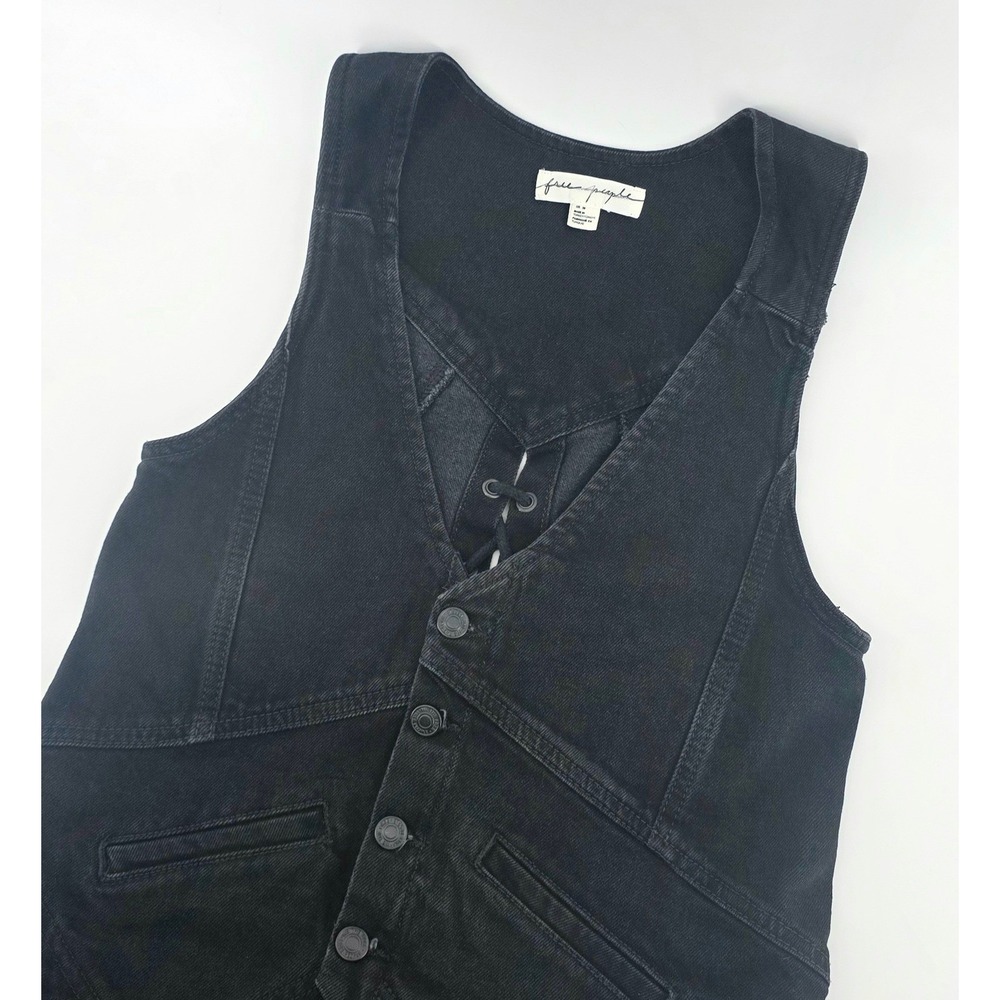 Free People Boho Black Denim Vest Size 26 Womens Lace Up Back Waistcoat Cotton